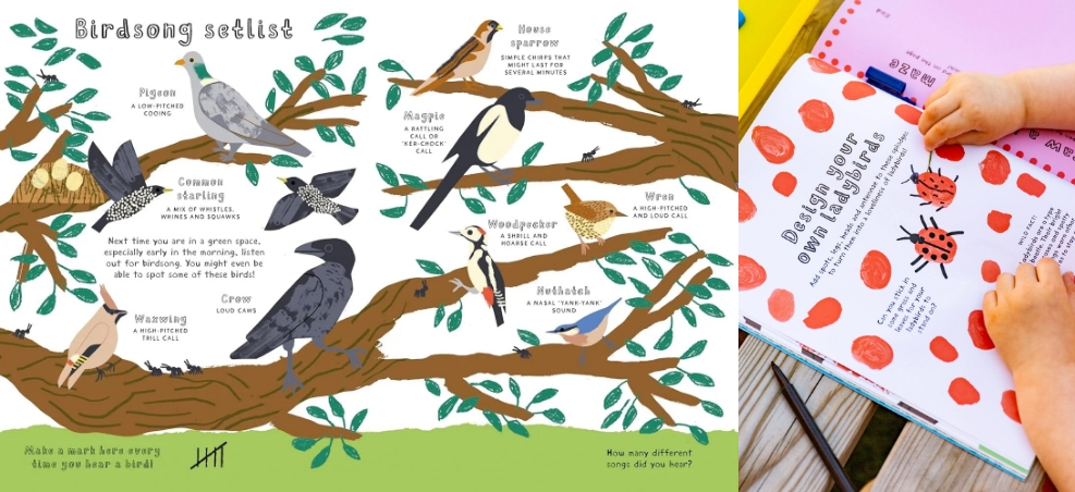 A 'Birdsong setlist' spread naming the calls of a pigeon, magpie, wren and woodpecker, beside a child fingerprinting ladybirds onto an activity page