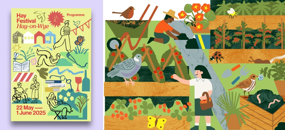 Left, the Hay Festival 2025 programme cover in line drawing on yellow. Right, an illustrated allotment - a robin on a wheelbarrow, tomato beds, a wood pigeon and a child picking strawberries